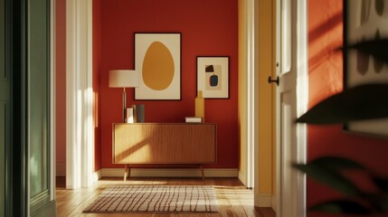 Fototapeta premium Hallway with reddish walls, abstract prints, mid-century console, rug, and warm natural light