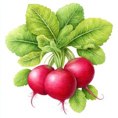Vibrant Red Radishes with Green Leaves Botanical Illustration