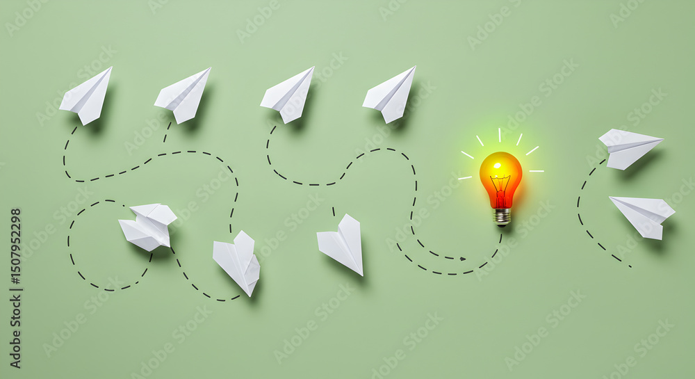 Poster paper airplanes following dashed lines leading to a glowing red light bulb on green background repre