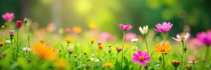 A serene scene of blooming wildflowers in a lush meadow, suggesting natural allergy relief through the beauty of nature ,  green,  healthy