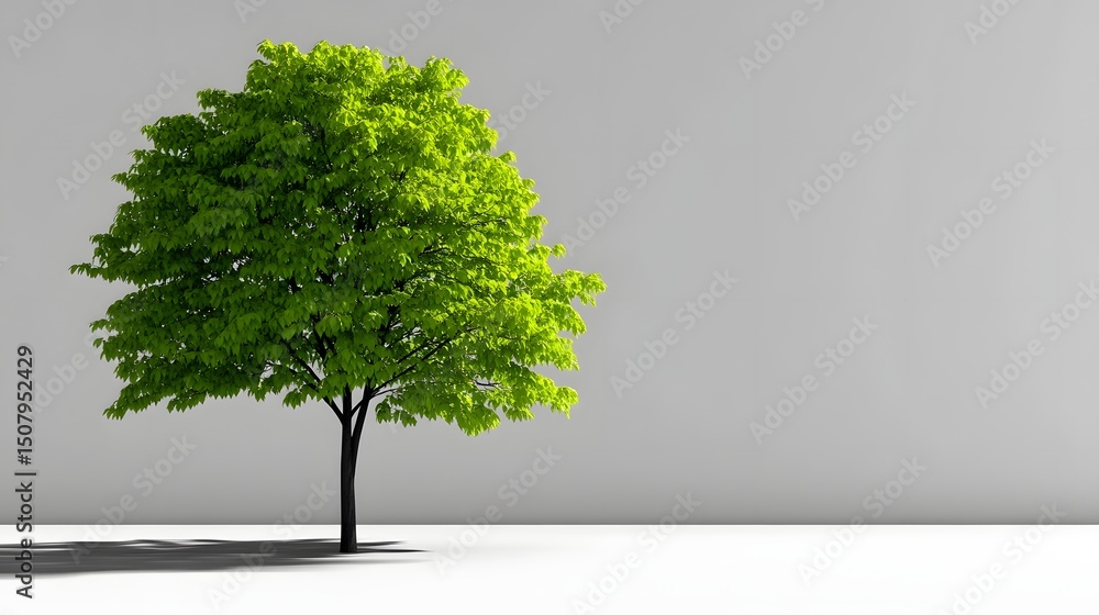 Poster lush green tree with subtle shadow on a plain background