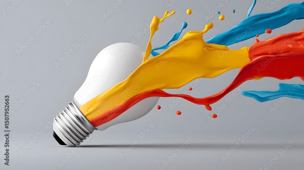 Poster lightbulb bursting with paint and ideas, concept of exploding innovation