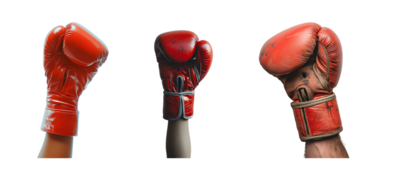 set of boxing gloves raised in the air. isolated on transparent background
