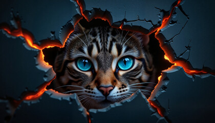 Tiger peering through cracked wall with glowing eyes in darkness  