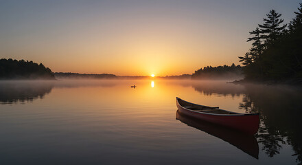 Serene Sunrise over Misty Lake with Canoe Peaceful Dawn Landscape Photography
