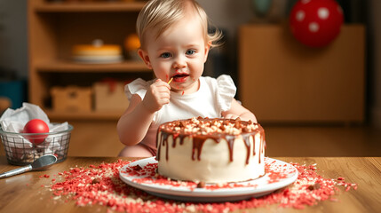 toddler eating cake and making a mess