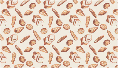 パンのイラストのシームレスパターン。繰り返し描かれたベクターテクスチャ