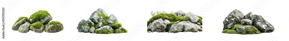 Poster set of gray rocks with moss isolated on transparent background