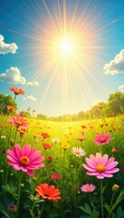 A vibrant sunbeam illuminates a field of wildflowers, radiating joy and positive energy  Perfect for themes of optimism, wellbeing, and summer bliss ,  green,  blossom