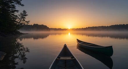 Serene Sunrise over Misty Lake with Canoes Peaceful Dawn Landscape Photography