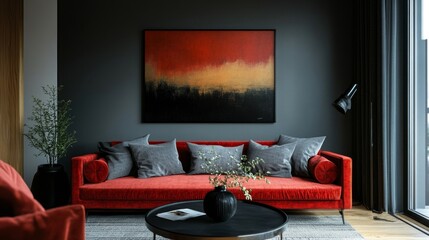 Modern living room with red velvet sofa, gray pillows, black vase on a coffee table, and earthy-toned abstract art, creating a warm, stylish setting