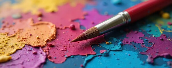 Fototapeta premium Close-up of a paintbrush resting on a vibrant, colorful artist's palette, ready for the next stroke of creative genius The scene is full of texture and artistic energy , artwork, artist