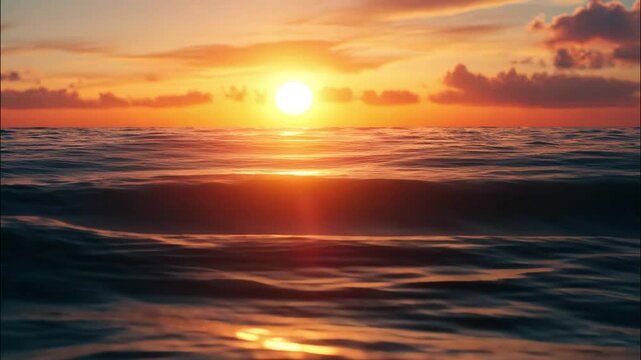Amazingly calm ocean sunset with glowing orange clouds and waves crashing gently. 