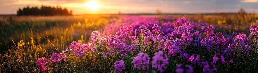 Obraz premium Blooming flowers in meadow under mystical vibrant tropical sky concept. Colorful wildflowers blooming under a beautiful sunset sky.