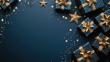 Festive navy blue background with gold gift boxes and confetti