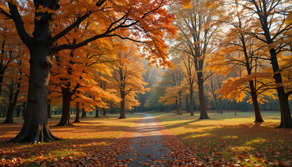 Fototapeta premium Golden and orange leaves adorn trees along a peaceful pathway in the park. Sunlight filters through the foliage, creating a serene atmosphere typical of autumn
