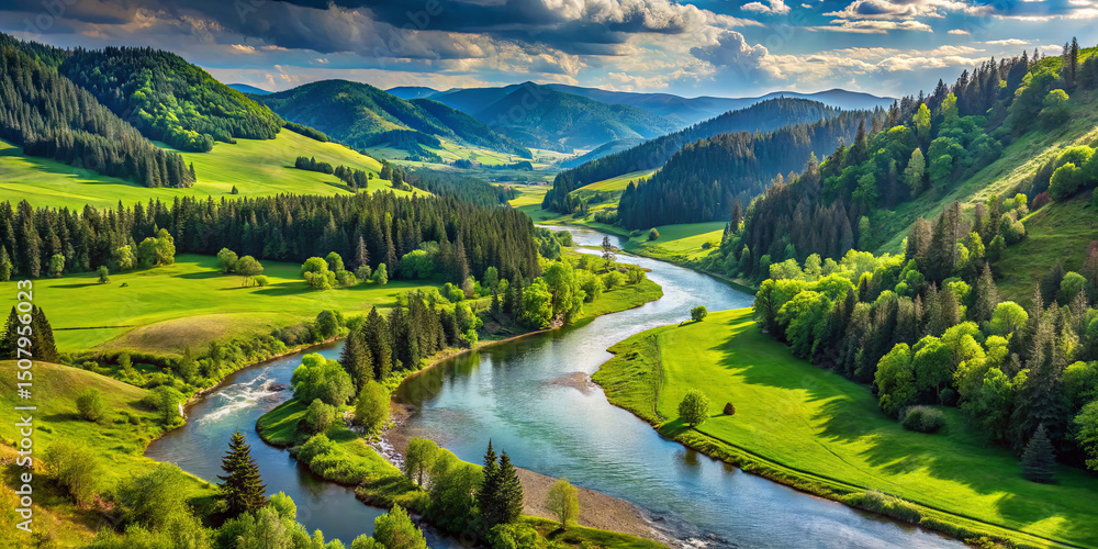 Poster a scenic view captures a winding river flowing through a vibrant green valley. lush hills rise on ei