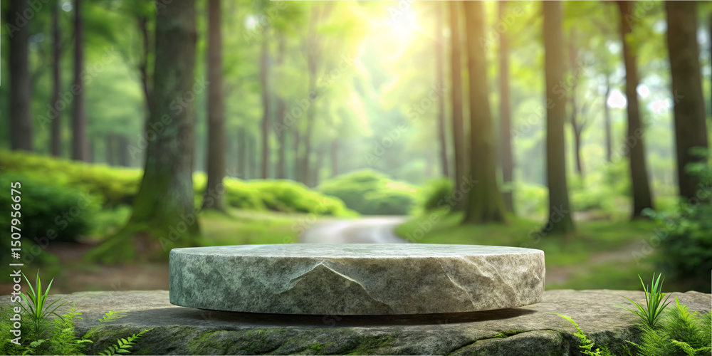 Poster a round stone platform is the focal point in a vibrant green forest. sunlight filters through tall t
