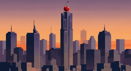 Obraz premium Pixel Art Cityscape Sunrise over Metropolis with Cherry on Top
