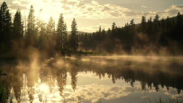 A misty morning drapes the forest in golden light as the sun gently rises over still waters. The silence speaks, the reflection breathes, and nature whispers its secrets to those who pause to listen.