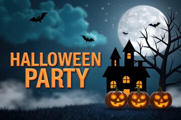 Fototapeta premium Spooky halloween party night with haunted house and pumpkins