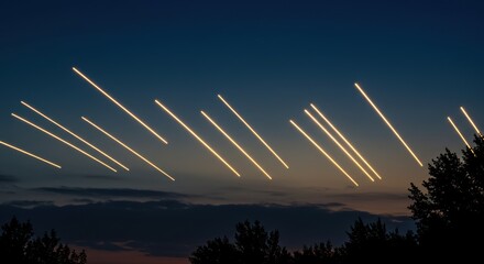 夜空を横切る光の軌跡、航空機の飛行を示す抽象的なイメージ