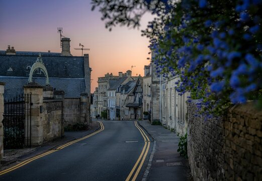 Scenic view of downtown Painswick at sunset along the Cotswold Way in England