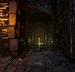 3D rendered fantasy pirate city with a stone paved alley.  