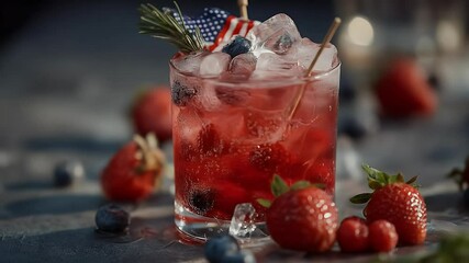 Refreshing summer berry cocktail with ice and rosemary garnish - Powered by Adobe