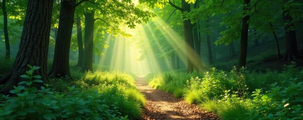 Obraz premium Sun-dappled forest path winds through lush greenery, dappled sunlight filtering through leaves, creating a magical atmosphere Perfect for fantasy, nature, and fairytale themes , fantasy, light