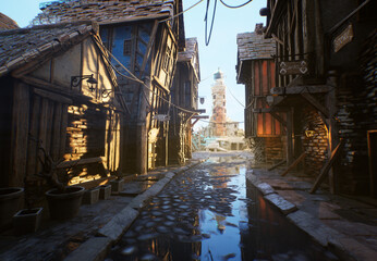 3D rendered fantasy pirate city with a stone paved alley.   © HWWO Stock