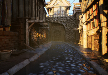 3D rendered fantasy pirate city with a stone paved alley.   © HWWO Stock