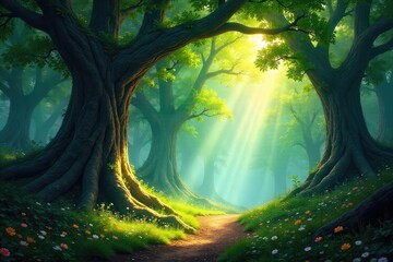 Sunlight dappling through ancient trees in a lush, vibrant forest, creating a magical, mystical atmosphere Perfect for nature, fantasy, and environmental themes , vibrant, woodland, green