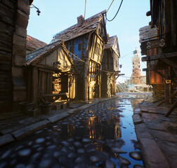 3D rendered fantasy pirate city with a stone paved alley.   © HWWO Stock
