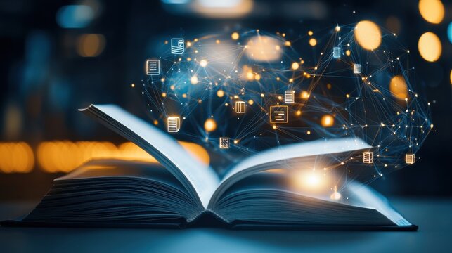 An open book with its pages unfolding to reveal a vast digital library symbolizing the boundless potential for learning discovery and intellectual in the digital age