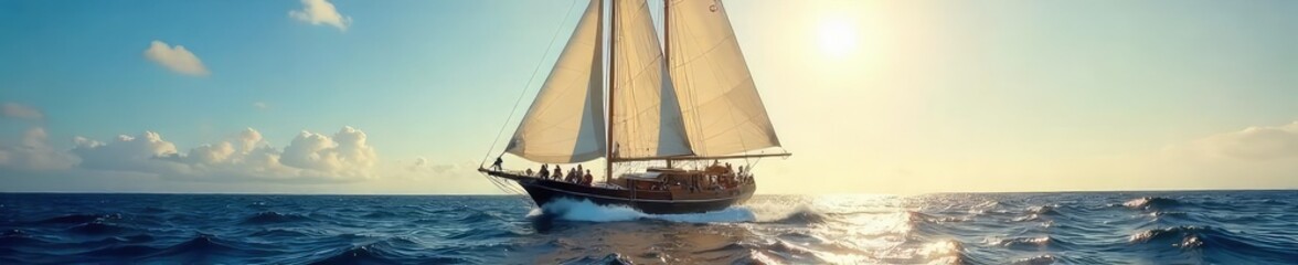 Naklejka premium Triumphant sailboat at sea, sunlight gleaming on sails, waves cresting, a feeling of freedom and accomplishment , boat, win, ocean