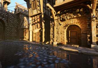 3D rendered fantasy pirate city with a stone paved alley.  