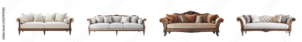 Poster set of different styles of antique-style sofas. isolated on transparent background