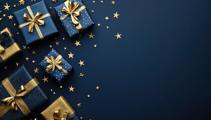 Dark blue gift boxes, gold ribbon, festive stars