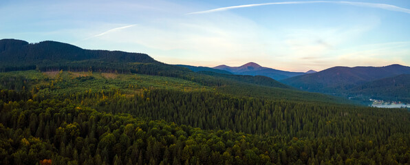 Fototapeta premium Aerial view of amazing scenery with dark mountain hills covered with forest pine trees at autumn sunrise. Beautiful wild woodland at dawn