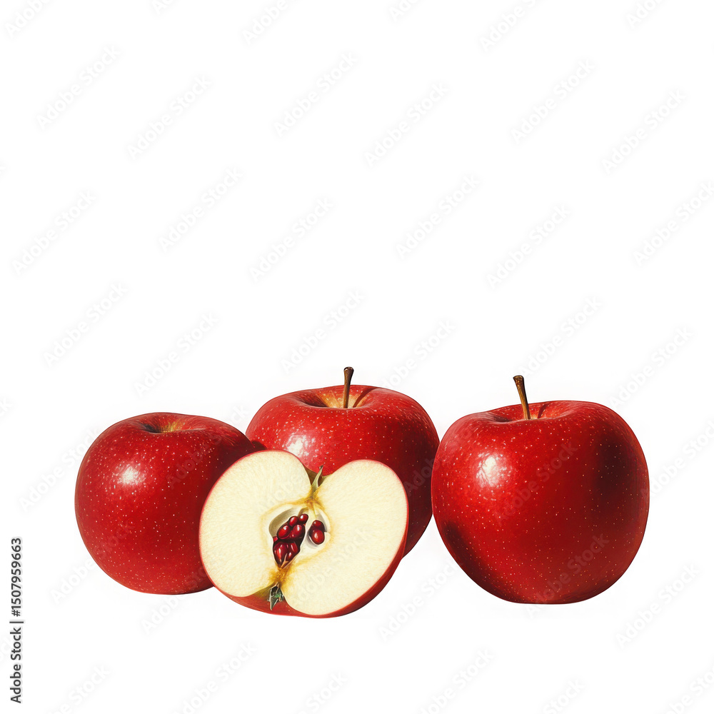 Aufkleber three red apples with one sliced open isolated on transparent background