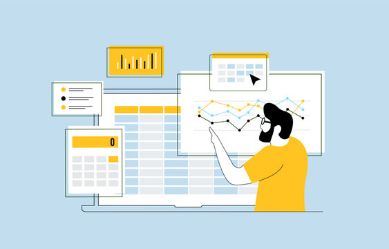 Accounting audit illustration featuring budget calculation tools, profit and loss analysis and financial report data visualization. Ideal for business accounting presentations and reports