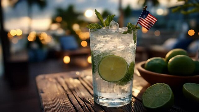 Refreshing summer cocktail with lime and mint at sunset