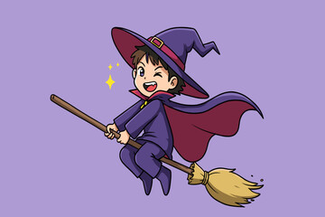 A playful child in a witch costume flying sideways on a broom with a mischievous smile.