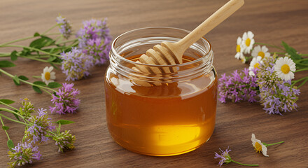 Golden Honey in Glass Jar with Wildflowers A Sweet Image