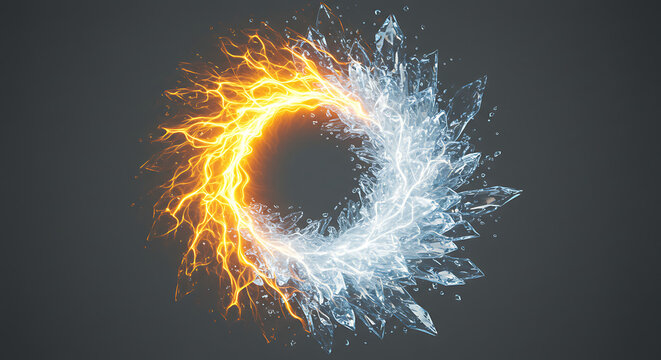 Abstract Circular Design Fiery Orange Flames and Sparkling Ice Crystals