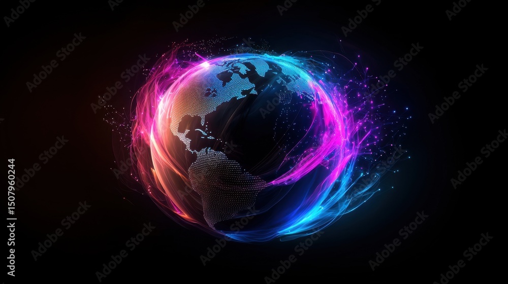 Poster a futuristic and visually striking digital representation of a globe with multicolored data streams 