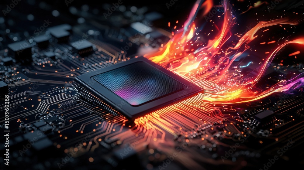 Poster an abstract and dynamic image depicting a futuristic circuit board with a central microchip emitting