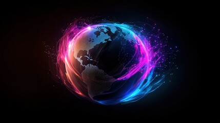 A futuristic and visually striking digital representation of a globe with multicolored data streams and energy lines pulsing across its surface
