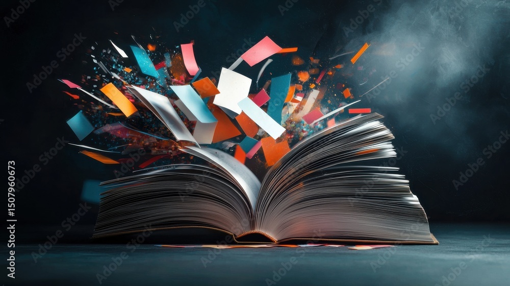 Aufkleber an abstract book with its pages transforming into a vibrant dynamic and pixelated explosion of color